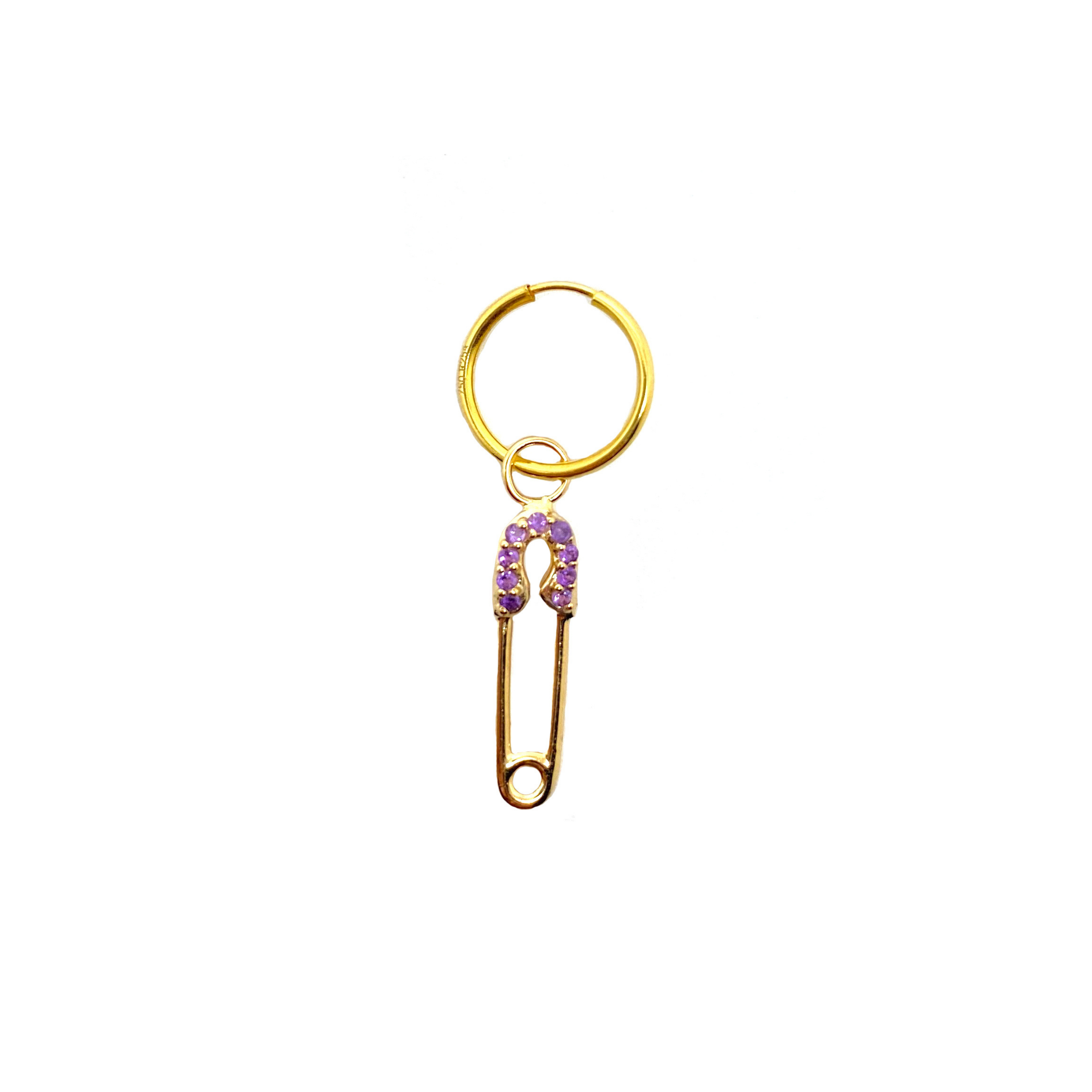 Amethyst Safety Pin Mini Hoop