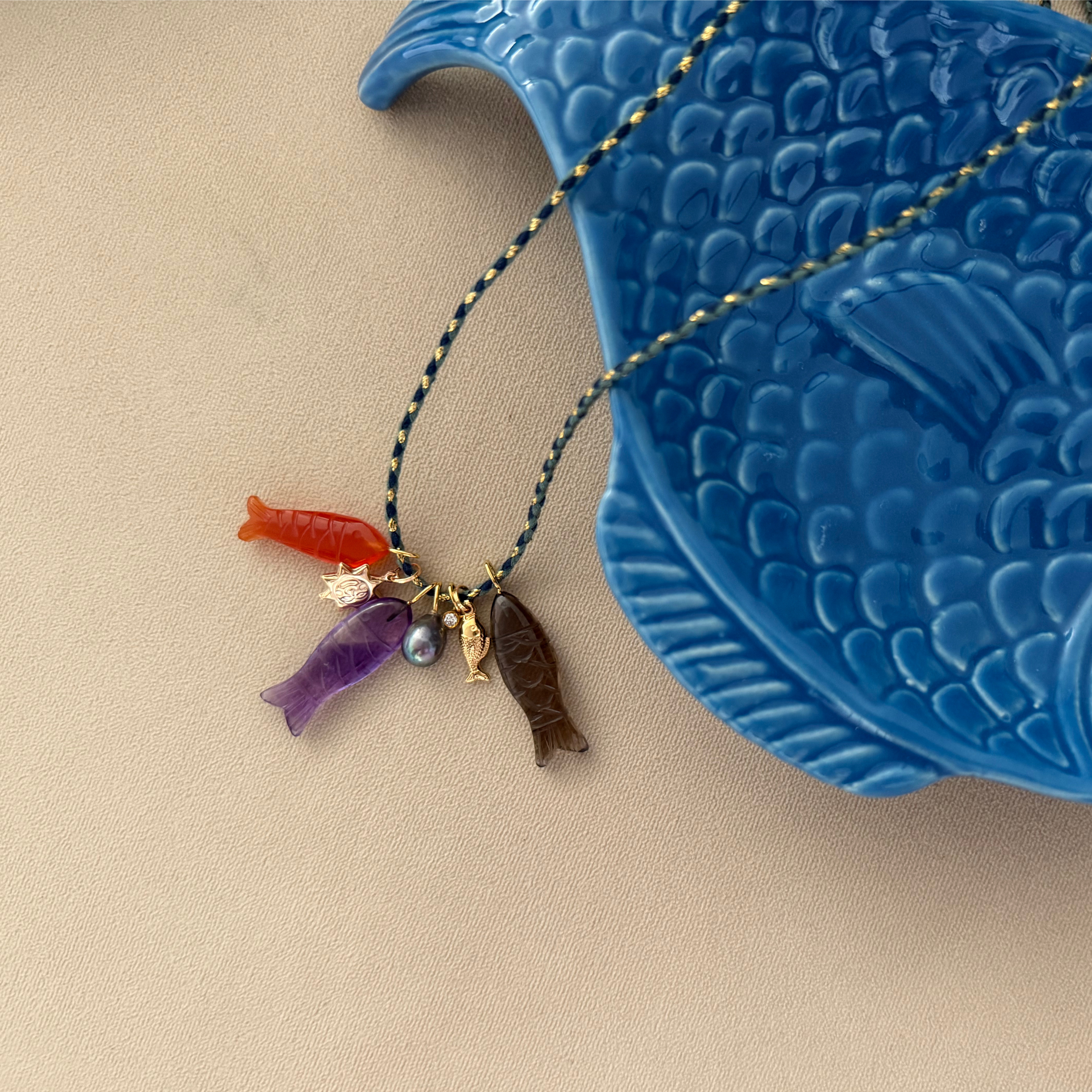 Carnelian & Gold Double Fish Necklace