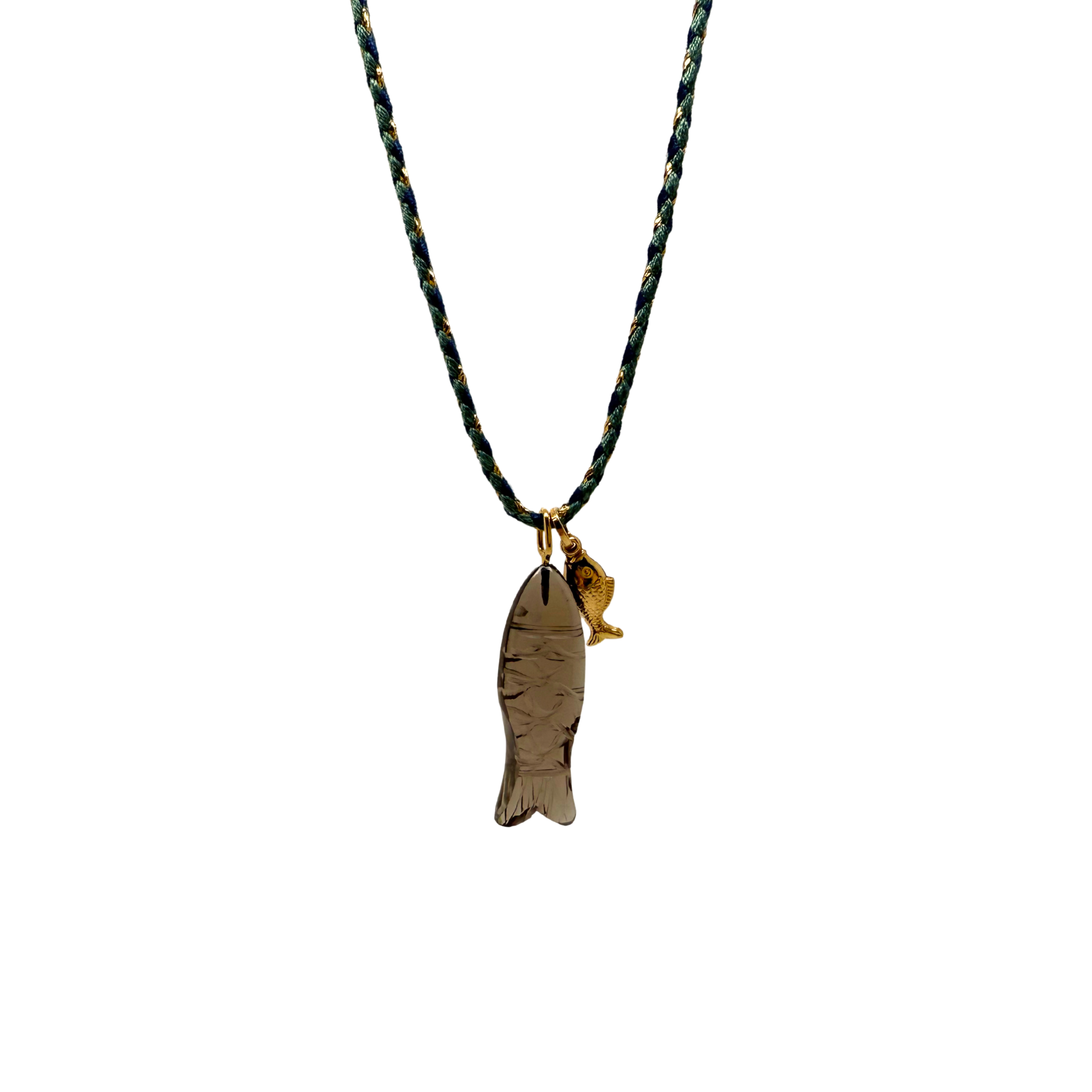 Smoky Quartz & Gold Double Fish Necklace